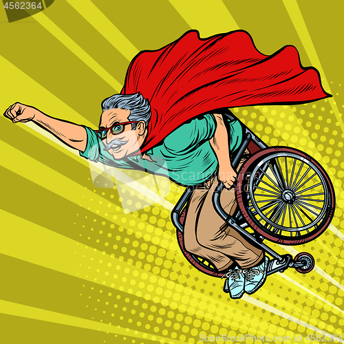 Image of man retired superhero disabled in a wheelchair. Health and longevity of older people