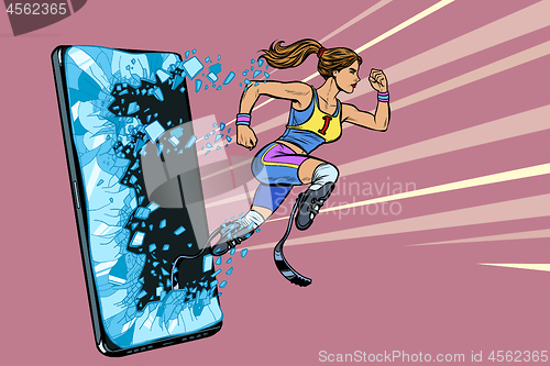 Image of woman runner disabled leg with prosthesis Phone gadget smartphone. Online Internet application service program