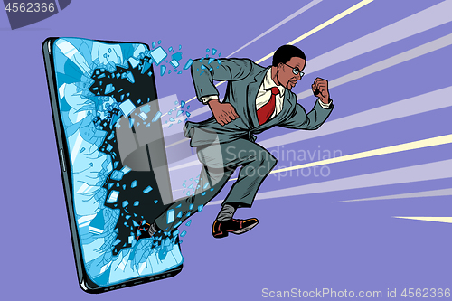 Image of african businessman punches the screen Phone gadget smartphone. Online Internet application service program