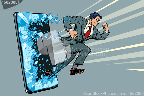 Image of businessman punches the screen Phone gadget smartphone. Online Internet application service program