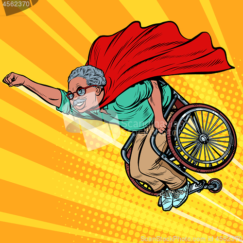 Image of african man retired superhero disabled in a wheelchair. Health and longevity of older people