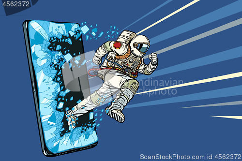 Image of Scientific online applications concept. Astronaut runs through a smartphone