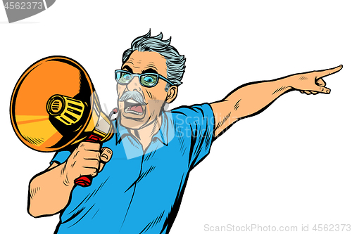 Image of angry elderly man with a megaphone