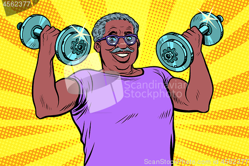 Image of elderly african man lifts dumbbells, fitness sport