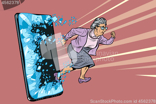 Image of female retired lady and new technology concept. grandmother punches the screen of the smartphone and goes online