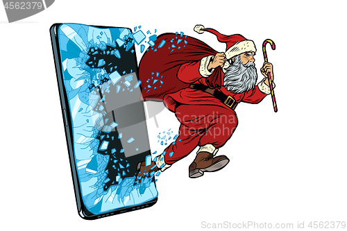 Image of Christmas online sales concept. Santa Claus comes out of the smartphone