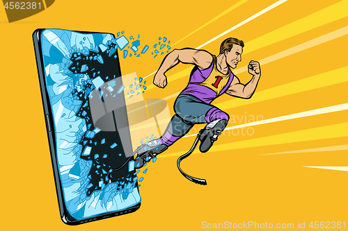 Image of legless male athlete running with a prosthetic Phone gadget smartphone. Online Internet application service program