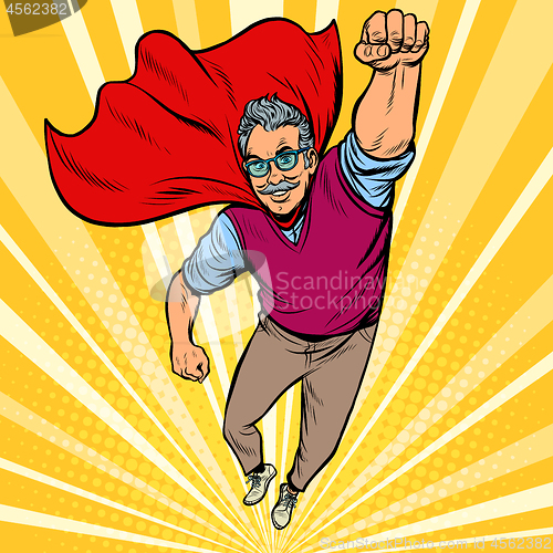 Image of man retired superhero. Health and longevity of older people