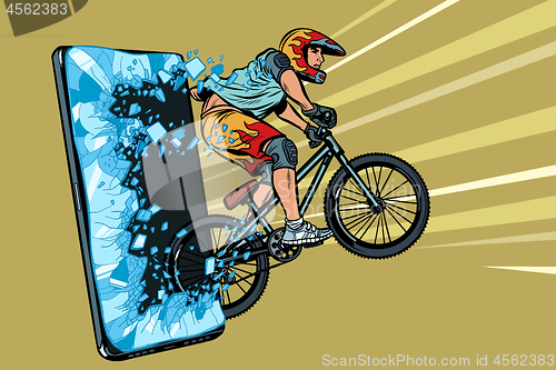 Image of sports online news concept. athlete cyclist in a helmet on a mountain bike