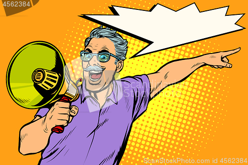 Image of an elderly man with a megaphone
