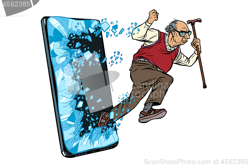 Image of old man retired grandfather Phone gadget smartphone. Online Internet application service program