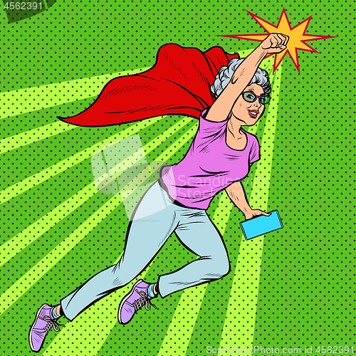 Image of Woman grandmother superhero flying active strong pensioner elderly lady