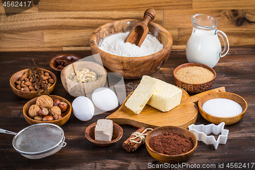 Image of Assortment of baking ingredients for Xmas cookies