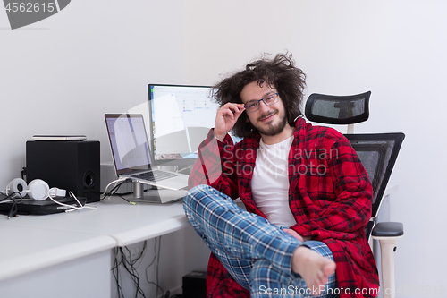 Image of graphic designer in bathrobe working at home