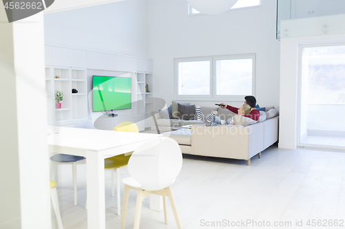 Image of Young couple on the sofa watching television