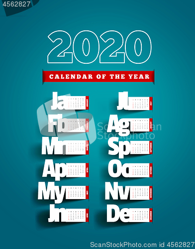 Image of Paper cut calendar with shadow. Yearly 2020 vector calendar on blue background