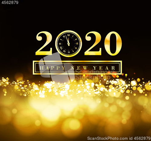 Image of Happy New Year 2020 with gold particles and a clock in the number zero. Vector golden illustration