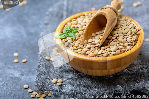 Image of Organic brown lentils and wooden scoop in a bowl.