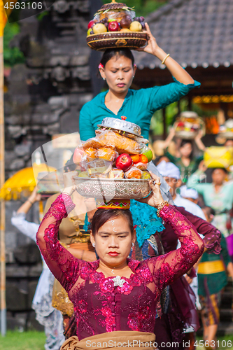 Image of Bali, Indonesia - Feb 2, 2012 - Hari Raya Galungan and Umanis Galungan holiday fesival parade - the days to celebrate the victory of Goodness over evil, on February 2nd 2012 on Bali, Indonesia