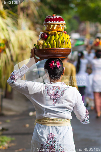 Image of Bali, Indonesia - Feb 2, 2012 - Hari Raya Galungan and Umanis Galungan holiday fesival parade - the days to celebrate the victory of Goodness over evil, on February 2nd 2012 on Bali, Indonesia