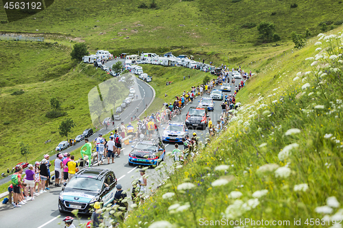 Image of Row of Technical Cars in Pyrenees Mountains - Tour de France 201