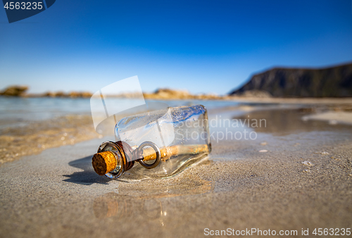 Image of Message in the bottle against the Sun setting down