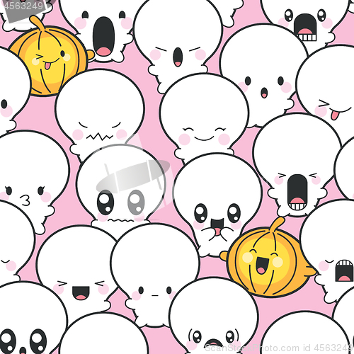 Image of Seamless Background Cute Skulls And Pumpkins Celebrating Hallowe