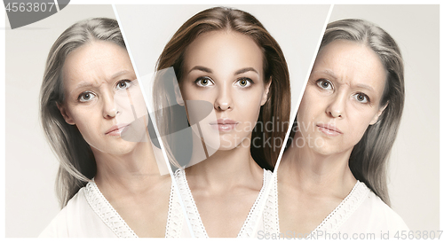 Image of Comparison. Portrait of beautiful woman with problem and clean skin, aging and youth concept, beauty treatment