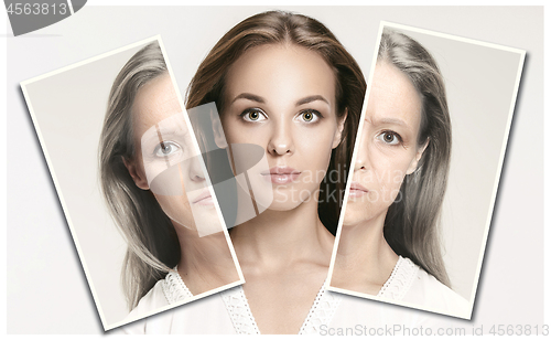 Image of Comparison. Portrait of beautiful woman with problem and clean skin, aging and youth concept, beauty treatment