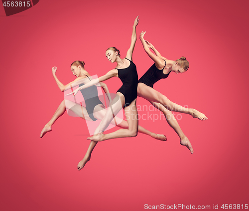 Image of Young teen dancer on red studio background.
