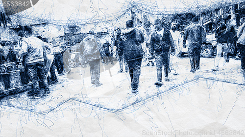 Image of people walking in the street ballpoint pen doodle