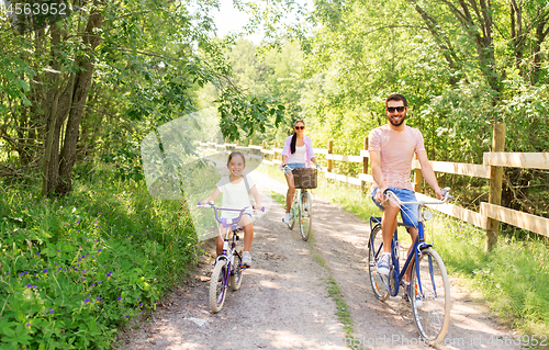 Image of happy family with bicycles in summer park