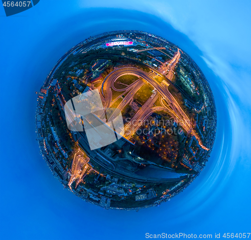 Image of Mini planet Night Aerial view panorama of a freeway intersection