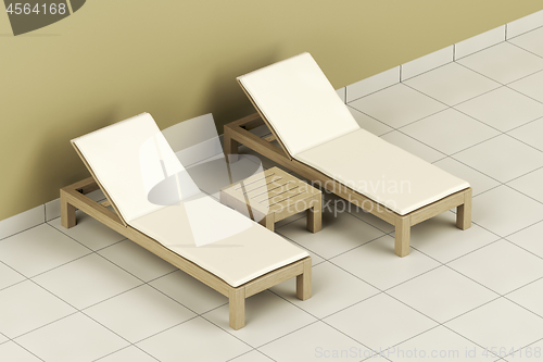 Image of Wooden sun loungers and table