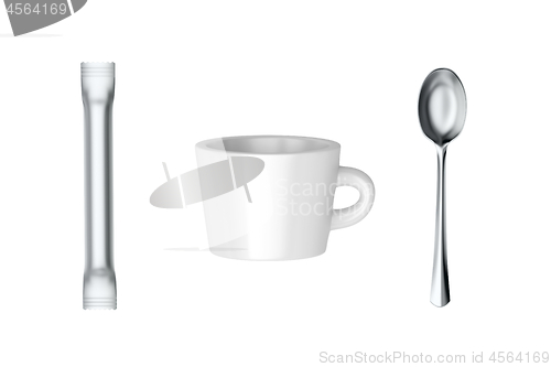 Image of Coffee cup, sachet with sugar and spoon