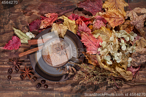 Image of Autumn Leaves And Cup Of Coffee