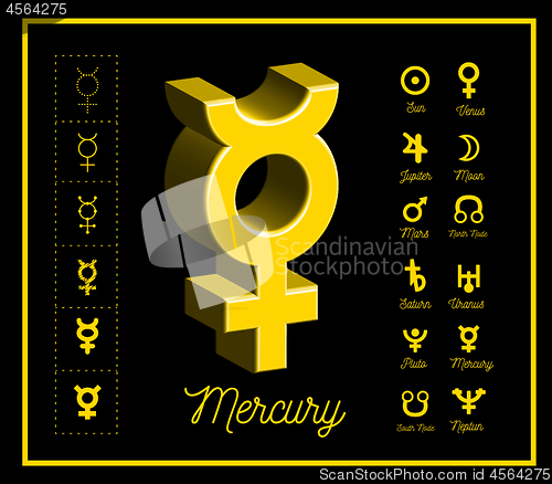 Image of Mercury planet sign with other astrological symbols of the planets on black background. Vector