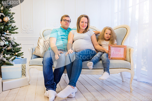 Image of Family portrait near christmas tree