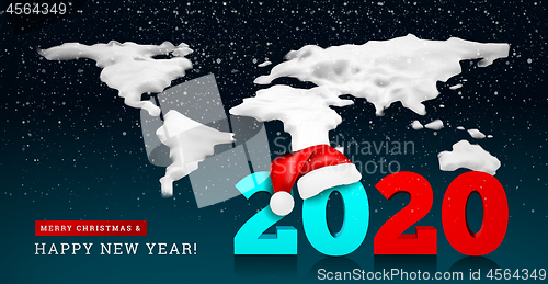 Image of Happy New Year 2020 on the background of a snowy ice world map. Numbers 2020 under the hat of Santa Claus. Vector