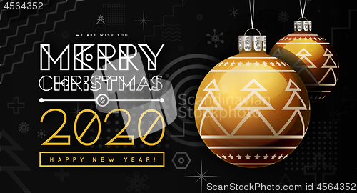 Image of Congratulations on New Year 2020 and Christmas with golden Christmas balls with a trendy design on the background. Memphis geometric design elements. Vector illustration