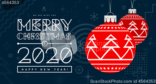 Image of Congratulations on New Year 2020 and Christmas with red Christmas balls with a trendy design on the background. Memphis geometric design elements. Vector illustration