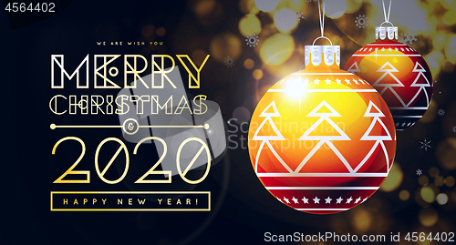 Image of Congratulations on New Year 2020 and Christmas with golden Christmas balls with a trendy design on the background.