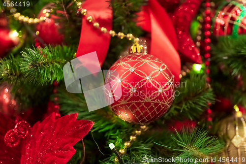 Image of Red Christmas ball hanging on Christmas tree.