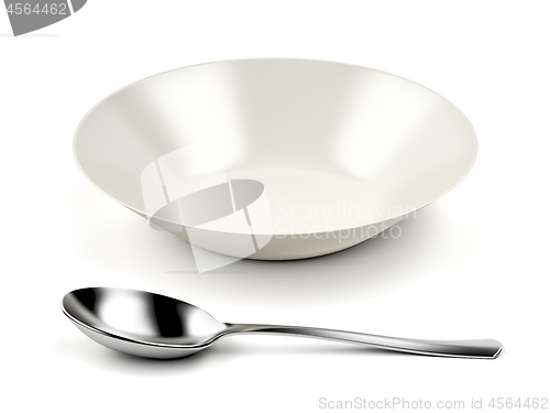 Image of White empty bowl and silver spoon