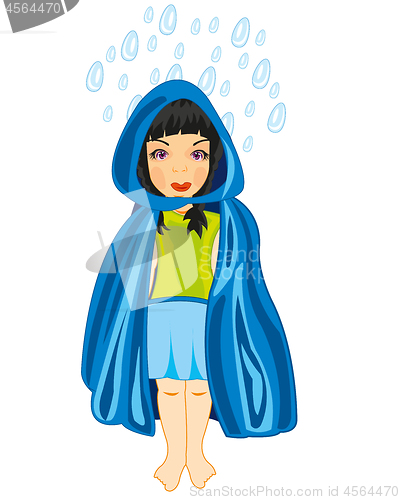 Image of Girl in turn blue raincoat and dripped rain