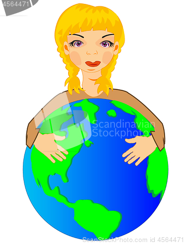 Image of Vector illustration of the girl embracing hand globe