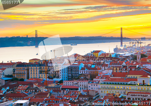 Image of Lisbon skyline at sunset, Portugal