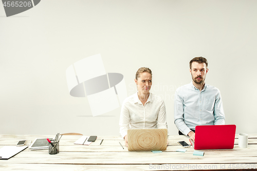 Image of Young men and women sitting at office and working on laptops. Emotions concept