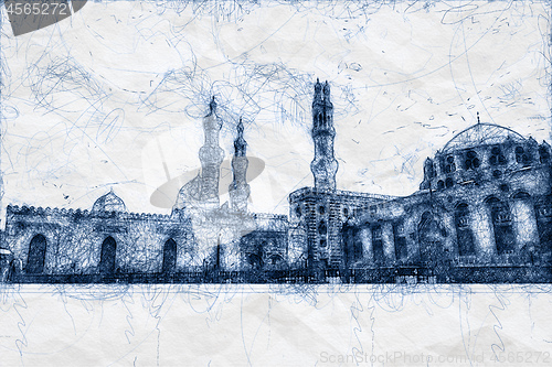 Image of ballpoint pen scribble illustration of a mosque in Cairo Egypt