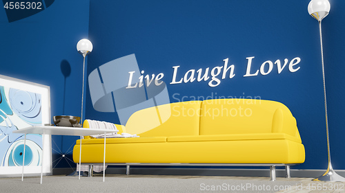 Image of orange sofa in a blue room live laugh love